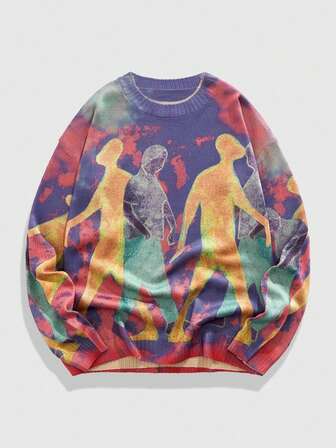 Street Life Suéter de cuello redondo de manga larga con estampado de figura humana colorida para hombre