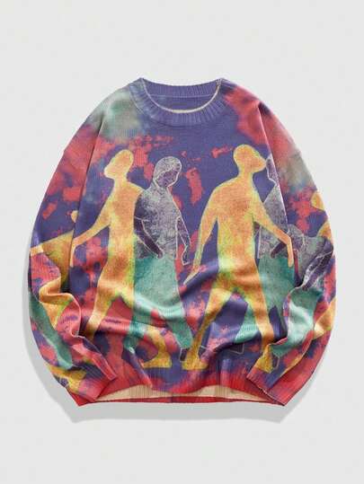 Street Life Suéter de cuello redondo de manga larga con patrón de figura humana colorida para hombre, otoño e invierno