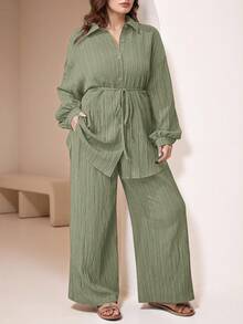 Veilorie 2pcs Plus Size Plain Front Button Long Sleeve Casual Blouse And Pants Set 2 Pieces Set - Green - View 1