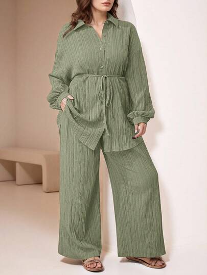 Veilorie 2pcs Plus Size Plain Front Button Long Sleeve Casual Blouse And Pants Set 2 Pieces Set