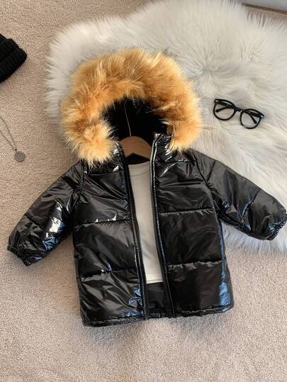 SHEIN 婴儿/男婴/女婴秋冬装、外套、上衣、羊毛、加厚、长款连帽闪亮棉服外套、冬季外套、绗缝外套、温暖柔软、舒适百搭时尚休闲图案百搭、适合室内、户外滑雪、日常穿着、运动、玩耍、派对、拍照、度假