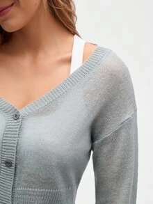 Eassivo Damski jednokolorowy, dopasowany, krótki kardigan z dzianiny z odsłoniętymi ramionami i długim rękawem oraz dekoltem w serek