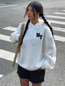 SHEIN EZwear Sudadera holgada con capucha y estampado del logo NY en estilo retro americano minimalista y casual, apropiada para otoño/invierno
