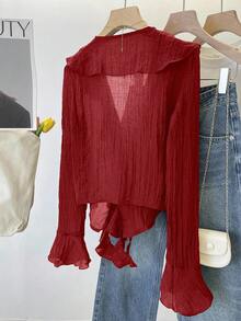 INAWLY 法式 V 领褶饰荷叶边系带衬衫 - 紅色 - 查看 2