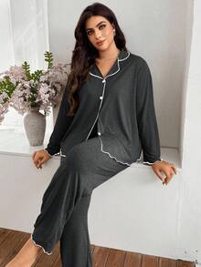 SHEIN Plus Size Women's Dark Grey Super Soft Draped Thin Knit Fabric Collared Open Front Ruffle Trim Long Sleeve Top & Pants, Casual Loose Fit Outerwear 2 Pieces Set, Fall Winter Clothes, Cozy Outfit