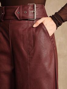 Anewsta 女士高腰阔腿 PU 皮裤，酒红色，商务休闲新款，适合万圣节、秋冬 - 酒紅色 - 查看 4