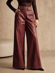 Anewsta 女士高腰阔腿 PU 皮裤，酒红色，商务休闲新款，适合万圣节、秋冬 - 酒紅色 - 查看 6