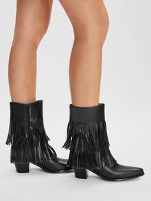 Styleloop 女士简约休闲纯色流苏装饰时尚高跟踝靴，适合万圣节、圣诞节、秋季，黑色 - 黑色 - 查看 3