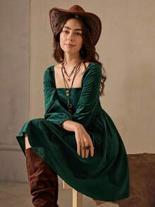 Wildy Fall Dress Long Sleeve Women's Casual Vintage Solid Color Mini Dress Dark Green Dress Square Neck Dress Lantern Sleeve Dress Corduroy Dress Forest Green Dress Graduation Dress For Women Winter Dresses For Women Elegant Dress - Dark Green - View 7