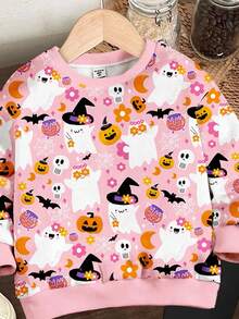 SHEIN Happikins Cream Pink Pumpkin Color, Super Cute Mini Pumpkin & Ghost Floral Pattern, Adorable Witch & Fairy, Pink Autumn Vibe, Baby Girl Casual Knit Soft Thick Crew Neck Long Sleeve Sweatshirt And Leggings Set, Suitable For Autumn/Winter Fall - Multicolor - View 5