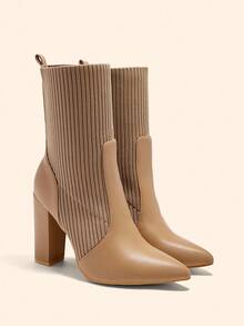 CUCCOO BASICS Giày bốt cao đến giữa bắp chân, mũi nhọn, chất liệu vải co giãn thời trang dành cho nữ, thích hợp để đi làm, hẹn hò, tiệc tùng, nghỉ lễ - Màu be - Xem 4