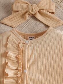 SHEIN Vintaside Kids 婴儿休闲可爱荷叶边长袖连体衣及发带套装，秋冬款 - 卡其色 - 查看 4