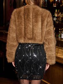 SHEIN Clasi Women's Elegant Round Neck Faux Fur Coat, Suitable For Daily, Party And Multiple Occasions, Autumn/Winter New Year Look Christmas