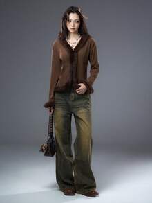 Bloopia Maillard 破洞别致女士磨边修身长袖开衫，秋冬，万圣节 - 棕色 - 查看 5