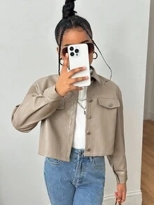 SHEIN Tween Girl Casual Lapel Pocket Metal Button Front PU Short Jacket Fall Winter - Khaki - View 5