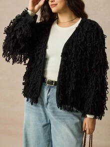 Juhart 大码纯色流苏开衫，适合通勤 - 黑色 - 查看 5