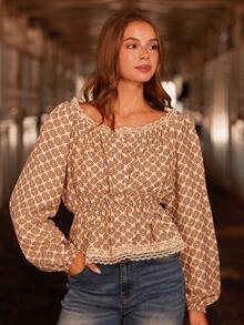WESTFADE Floral Scoop Neck Long Sleeve Peplum Button Front Top Cute Fall Top For Women Country Concert - Yellow - View 4