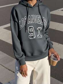 StreetHx Letter Graphic Drop Shoulder Drawstring Hoodie,Long Sleeve Tops Pullover Fall Outfit - Dark Grey - View 5