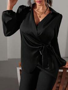 EMERY ROSE Glossy Fabric Western Ins Style Side Tie & Puff Sleeve Versatile Blouse For Women