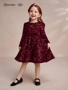 Girl's Princess Dress, Red Dress, Sequins, Long Sleeves, Fluffy Dress, Partywear, Birthday Dress, New Year's, Birthday Party, Wedding Holiday Dress Dress, Houfu Big Bow, Gorgeous Dress Dress, Middle East, Europe And America - Red - View 2