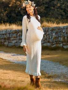 Boho Mama Umstandsmode einfarbiges Rundhals Langarm gestricktes lässiges langes Sweaterkleid - Weiss - Übersicht 5