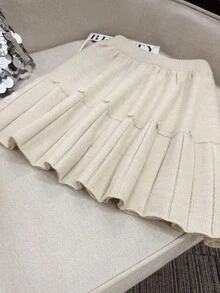 GlowEve 女士优雅俏皮可爱手工串珠设计宽松下摆松紧腰针织毛衣裙，适合约会和日常穿着，秋冬 - 杏色 - 查看 3