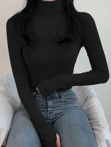 DAZY Women Solid Color Turtleneck Long Sleeve Casual Slim Fit Undershirt,Fall Clothes - Black - View 4