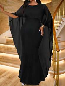 Fleurora 2025新款服装春夏秋冬大码针织圆领白色网纱拼接披肩修身收腰长款鱼尾大码连衣裙秋季女装婚礼宾客礼服女 - 黑色 - 查看 4