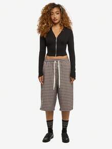 SUMWON WOMEN Cardigan negru, crop, cu mânecă lungă, cu fermoar și decolteu în V, model striat, toamnă-iarnă - Negru - Vizualizare 3