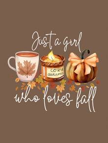 INAWLY Camiseta casual de mujer con estampado de letra de calabaza, otoño - Café integral - Ver 4