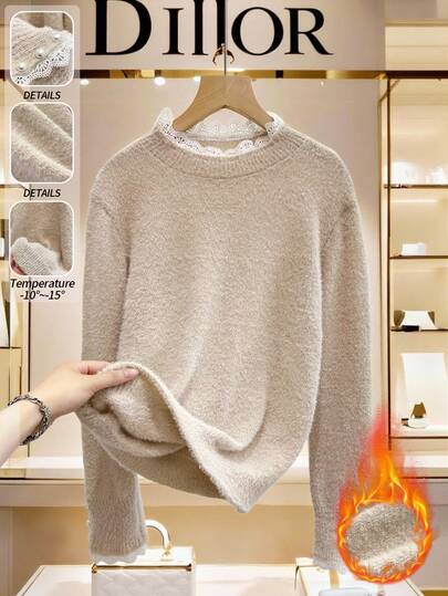 Franclia New Autumn/Winter Gentle Elegant Turtleneck Lace Patchwork Women Knitted Sweater Fall Cloth For Women