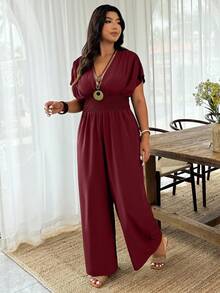 SHEIN PETITE CURVE 大码纯色束腰连体裤，休闲度假装 - 酒紅色 - 查看 3