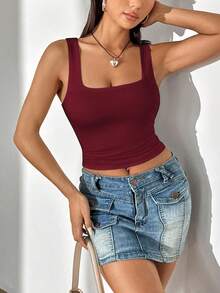 Flirla Women's Solid Color Pleated Cropped Fitted Square Neck Casual Tank Top - Burgundy - View 3