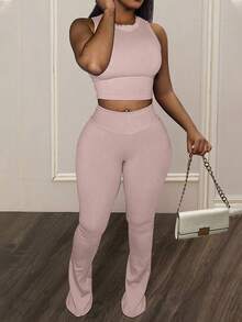 Slaydiva 2pcs/Set Summer Casual All-Match Ribbed Sleeveless Tank Top And Flare Pants Set