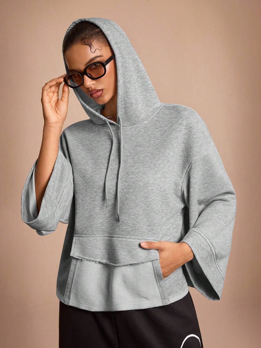 Streetz SHEIN Sport 女式休闲宽松纯色连帽运动卫衣 - 灰色 - 查看 1