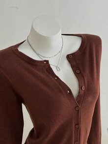 SHEIN Unity Women's Casual Cardigan And Folded Knit Shorts 2 Pieces Set, Autumn/Winter Brown Two Piece Set Fall Cloth For Women - Brown - View 5