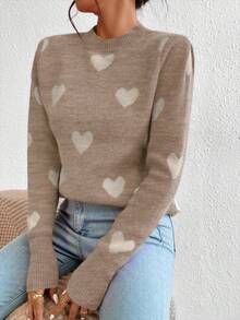 EMERY ROSE Heart Jacquard Crew Neck Casual Long Sleeve Women Sweater, Autumn/Winter - Camel - View 6