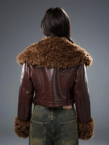 Bloopia Retro American Mirage Sexy Lady Thời trang giản dị tối giản dành cho nữ cổ chữ V sâu, cổ lông giả, tay dài, áo khoác da PU có khóa kéo, thích hợp cho mùa thu/đông và Halloween - màu nâu - Xem 2