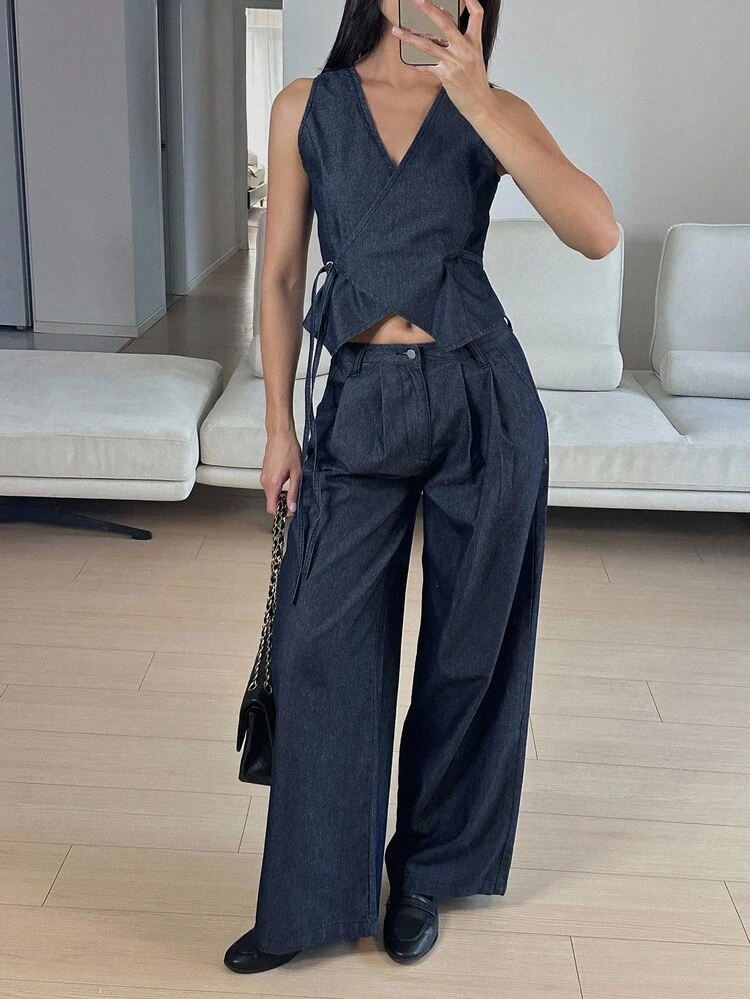 Women's V-Neck Sleeveless Wrap Vest And Long Wide-Leg Jeans Casual Vacation Suit