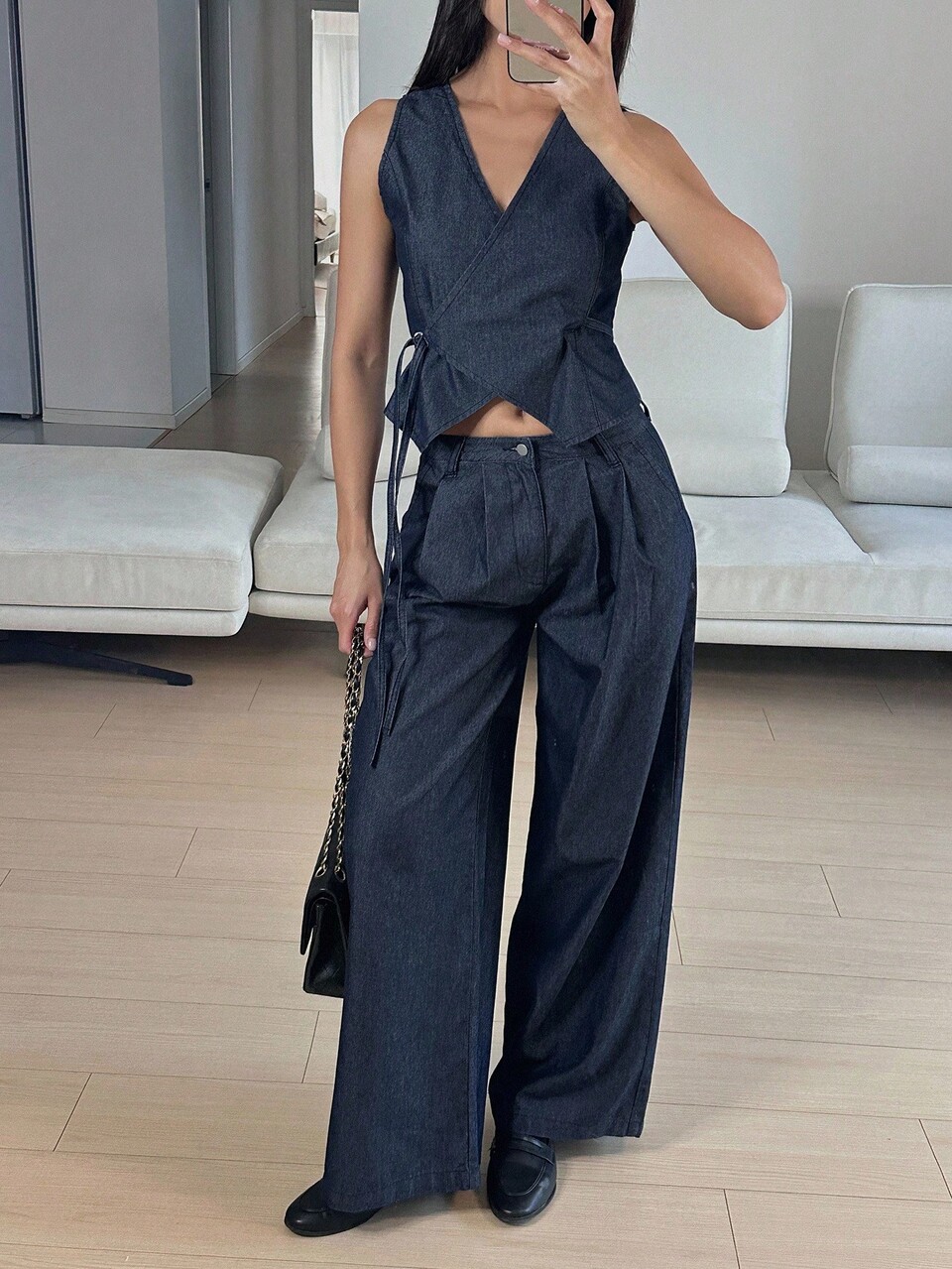 Women's V-Neck Sleeveless Wrap Vest And Long Wide-Leg Jeans Casual Vacation Suit