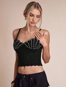 SHEIN BAE Camiseta de punto ajustada y corta con tirantes de perlas para mujer en otoño/invierno - Negro - Ver 8