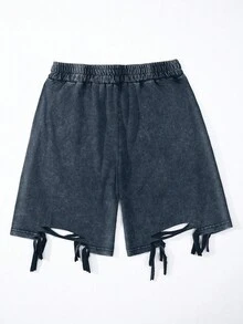 Manfinity EMRG Men's Solid Color Drawstring Waist Pocket Distressed Loose Casual Shorts - Blue - View 2