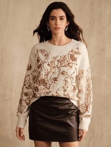 Anewsta Pulover supradimensionat, tricotat moale, cu broderie florală și mărgele, guler rotund, croială lejeră, potrivit pentru toamnă, iarnă, primăvară, Anul Nou, petrecere, nuntă, elegant, șic, stilat, casual, confortabil - cafea maro - Vizualizare 5