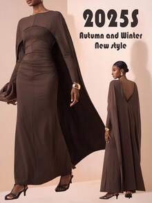 Zivah Novo Lançamento de Verão e Outono 2025, Adequado para Festa de Aniversário, Volta às Aulas, Estilo de Campus, Uso Diário, Casual, Cruzeiro, Praia, Banho de Sol, Moda, Streetwear, Elegante, Transporte, Casual Business, Festa, Banquete, Gola Alta de Manga Longa, Capa Xale, Cintura Franzida Oversized, Fenda Nas Costas, Vestido Longo Marrom de Outono Extra Longo, Vestido Feminino - Castanho - Visão 3