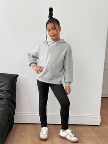 SHEIN 青少年女孩宽松羊毛褶饰后背设计休闲连帽运动衫 + 黑色紧身裤套装 - 灰色 - 查看 2