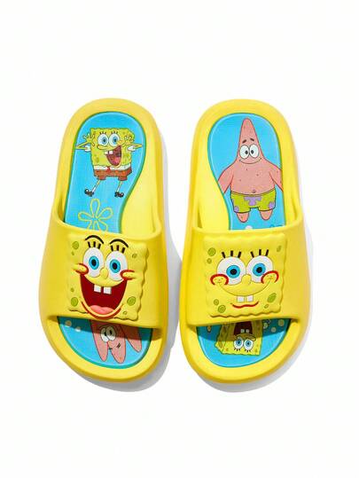 SpongeBob SquarePants | SHEIN Dép đi trong nhà màu vàng hoạt hình dễ thương cho trẻ em, phù hợp cho trẻ nhỏ và trẻ em, nhanh khô, nhẹ và bền, chất liệu EVA, thích hợp cho cả nam và nữ, có thể mang ở nhà, phòng tắm, sân chơi, hồ bơi, bãi biển và các nơi trong nhà và ngoài trời khác.