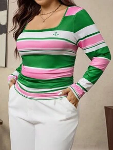 Zelara Áo thun nữ cỡ lớn kẻ sọc dáng casual, cạp chun nhún, cổ tròn, thoải mái và tôn dáng, thích hợp mặc đi làm mùa xuân/thu/đông, hàng ngày, thanh lịch cho kỳ nghỉ, phong cách công sở quyến rũ, áo kiểu vintage cho nữ, áo thời trang và tinh tế, áo chất lượng cao. - Nhiều màu - Xem 5