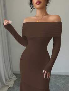 Rafferiza Đầm dệt kim co giãn dáng ôm body tay dài xoắn lưng hở gấu đuôi cá gợi cảm & thanh lịch, màu trắng dành cho nữ, trang phục maxi thu/đông dành cho nữ - Cà phê - Xem 4