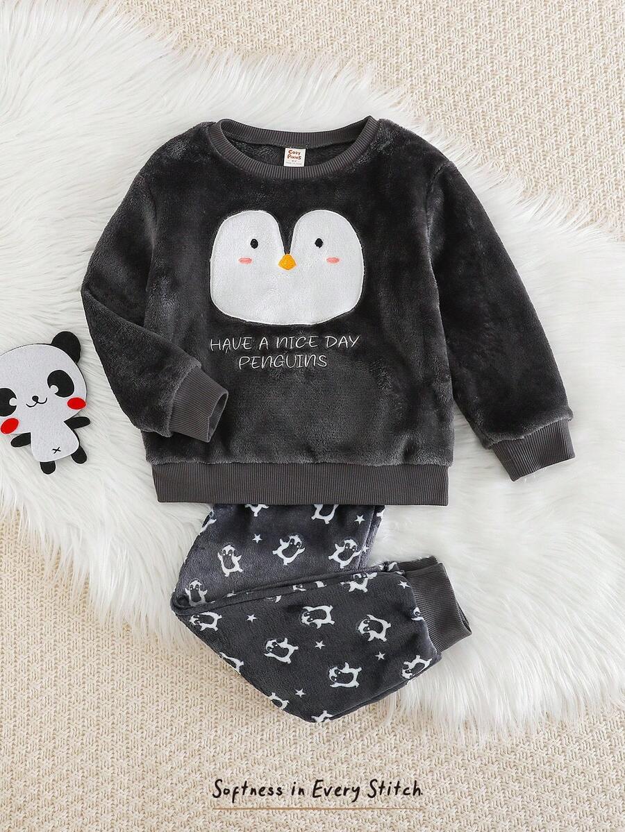 Cozy Pixies 2pcs/Set Young Boy Cartoon Penguin Print Crew Neck Long Sleeve Sweatshirt And Elastic Waist Thermal Lined Jogger Pants,Winter,Family Matching Fall - Grey - View 1