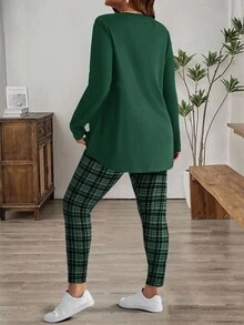 EMERY ROSE Bộ áo phông đen và quần legging kẻ caro cỡ lớn cho mùa đông dành cho nữ - xanh quân đội - Xem 2